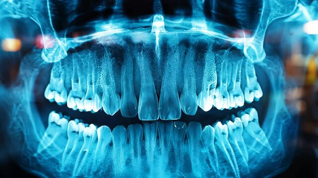 X-ray image reveals a man's mouth and teeth, showcasing the intricate details of dental structures, including the alignment and health of teeth and jawbone.