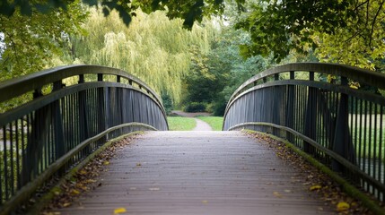 Obraz premium A serene footbridge with a wooden path leading into a lush green park, surrounded by vibrant trees and natural scenery...