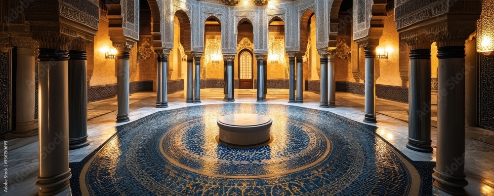 Poster intricate alhambra-style arabesque pattern in an elegant architectural space with ornate columns and
