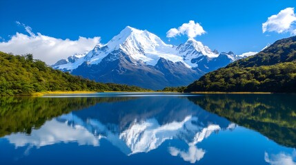 Majestic snow-capped mountains, turquoise lake, lush green forests, serene wilderness