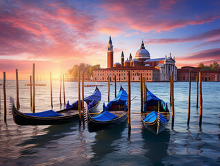Superb Boats parked in the water in venice and the church of san giorgio maggiore in the background