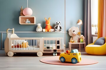 Baby room is decorated by toys