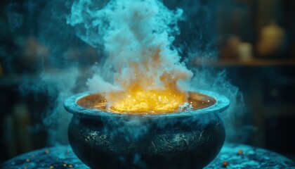 Witches brew in a cauldron, with steam rising and eerie light illuminating the scene, Spooky, Cool Tones, Atmospheric
