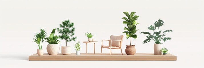 3D single icon of a wooden terrace with potted plants and a relaxing chair, representing an outdoor spa retreat, isolated on a white background