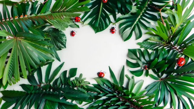 A circle of vibrant leaves and charming ladybugs rests on a pristine white surface, creating a captivating and harmonious display of nature's beauty and intricate details.