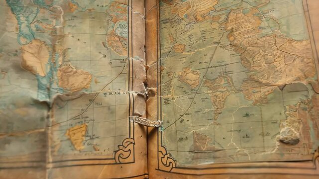 A person cradles an ancient book adorned with a detailed world map, inviting exploration of distant lands and cultures through its time-worn pages and intricate illustrations.