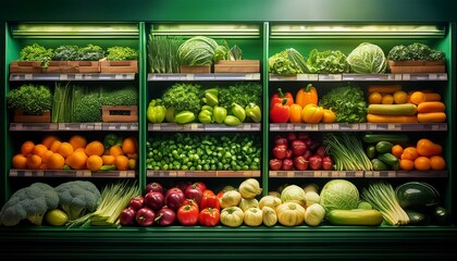 Vegan Delight: A Row of Fresh Organic Vegetables and Fruits for Every Meal