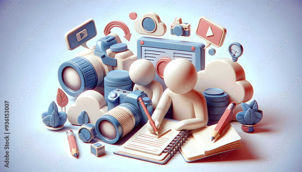 Poster content creation team concept with cameras and notebooks on dreamy background 3d flat icon for busin