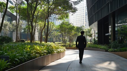 A businessman in a suit walks through a landscaped path towards a modern office building, carrying a briefcase...