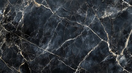 A close-up image of black marble with a network of thin, white, and golden veins.