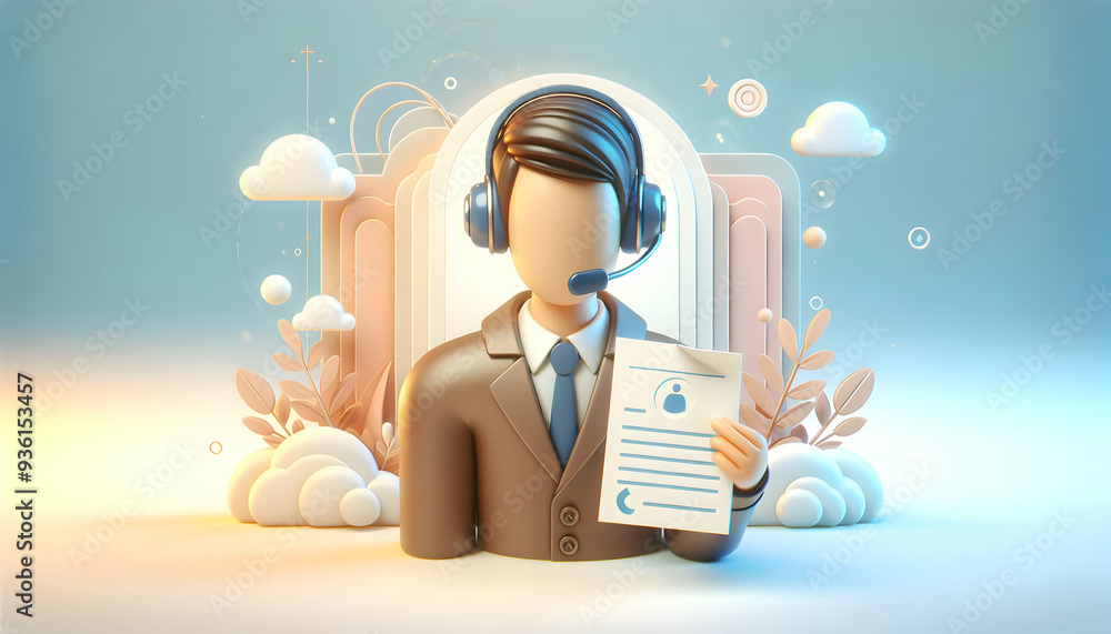 Poster professional customer service agent with headset and computer | 3d flat icon concept on white backgr