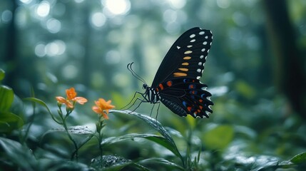 Close-up of a monarch butterfly perched on vibrant yellow wildflowers in a sunlit forest, capturing the serenity of nature...