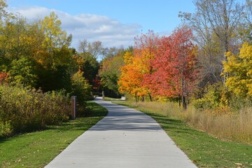 Obraz premium Greenway Walk. Urban River Walk with Trees in Autumn Landscape