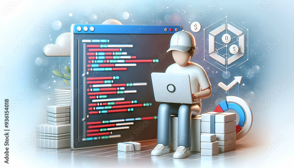 Poster 3d flat icon of developer writing code with goal chart concept against dreamy background technology 
