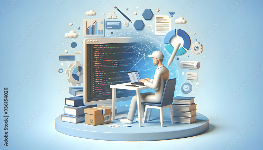 Poster 3d flat icon as developer with code and goal chart concept technology and business goals visualizati