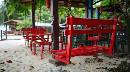 cozy red swing on chains instead of chairs in the outdoor restaurant of the resort town