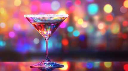 Margarita glass with salt rim on bar counter.