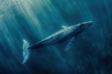 Fototapeta premium Blue whale swimming in sunlit ocean depths