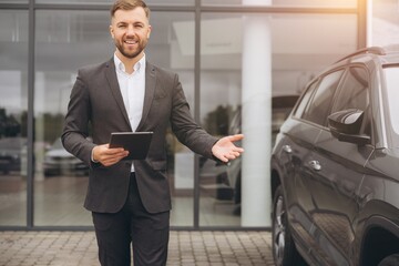 Portrait, smiling man at outside car dealership for car sale in a commercial parking. Business, luxury and automobile trade with a happy bearded salesman in suit outdoor for transport service