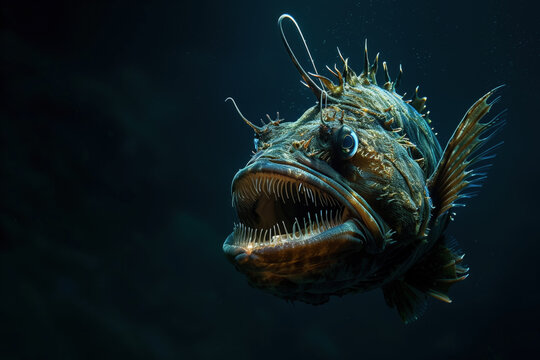 Anglerfish with sharp teeth in dark ocean