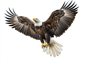 Obraz premium Isolated bald eagle soaring across a white background