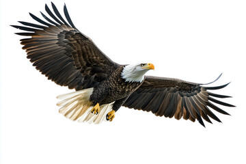 Fototapeta premium Isolated bald eagle soaring against a white background
