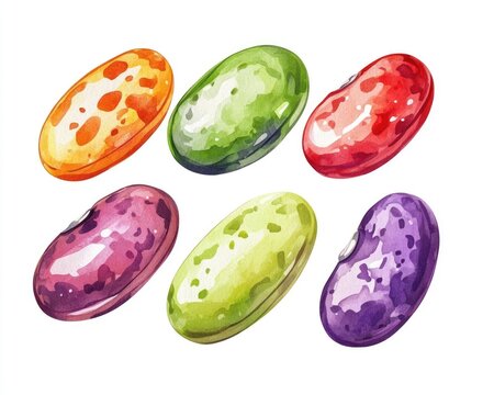 Magic Beans. Watercolor Illustration of Colorful Kidney Beans, Rich in Protein and Magic