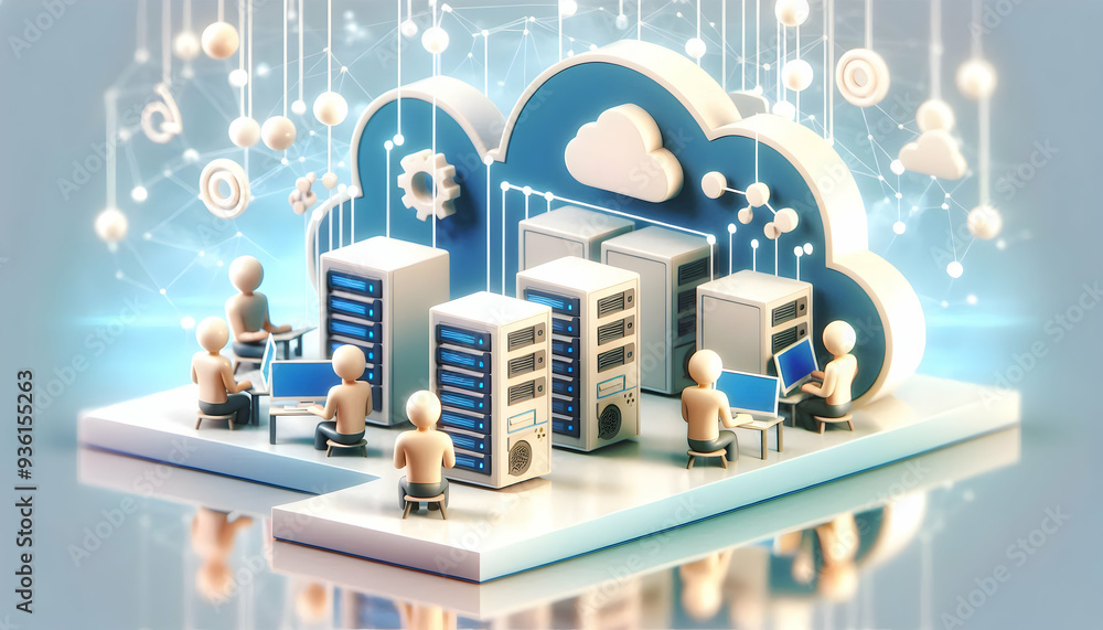 Poster 3d flat icon: it team with servers and monitors for it management and business teamwork on dreamy ba