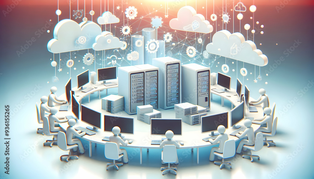 Poster 3d flat icon of it team with servers and monitors working together against dreamy background it mana