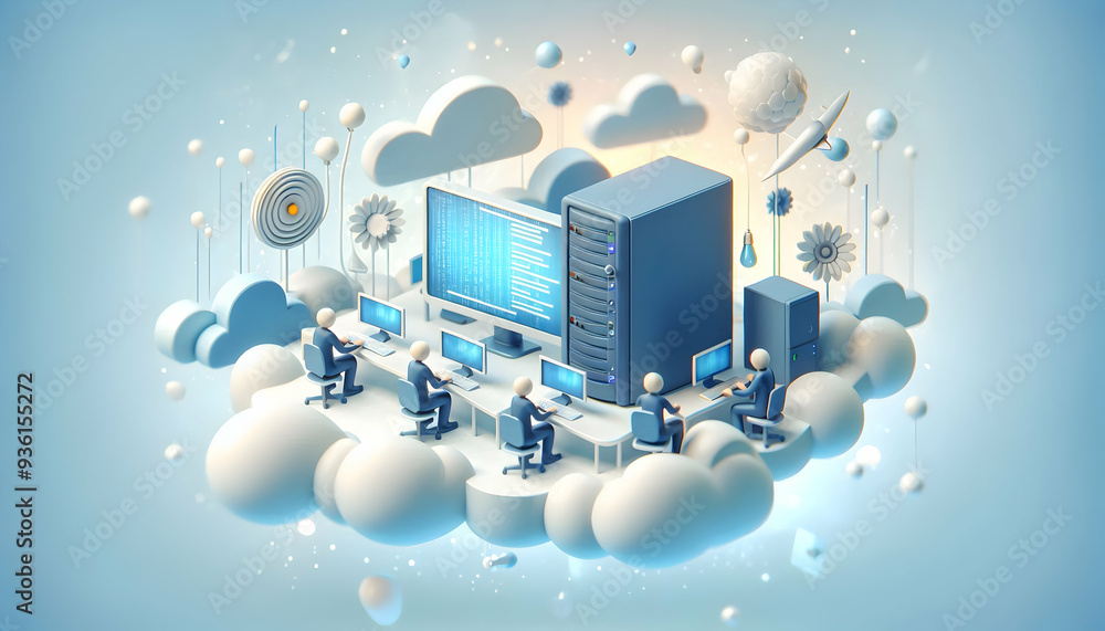 Poster 3d flat icon of it team with servers and monitors on dreamy background for it management and busines
