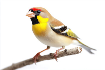 Fototapeta premium Goldfinch standing still on a branch, isolated on a white background
