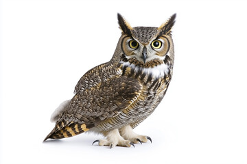 Fototapeta premium Great horned owl on a perch, isolated against a white backdrop