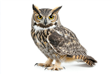 Fototapeta premium Great horned owl perched isolated on white background