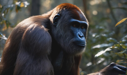 Obraz premium A gorilla sits in the forest, looking thoughtful