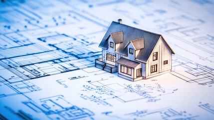 A detailed house model placed on an architectural blueprint, symbolizing real estate planning, construction, and home design concepts...