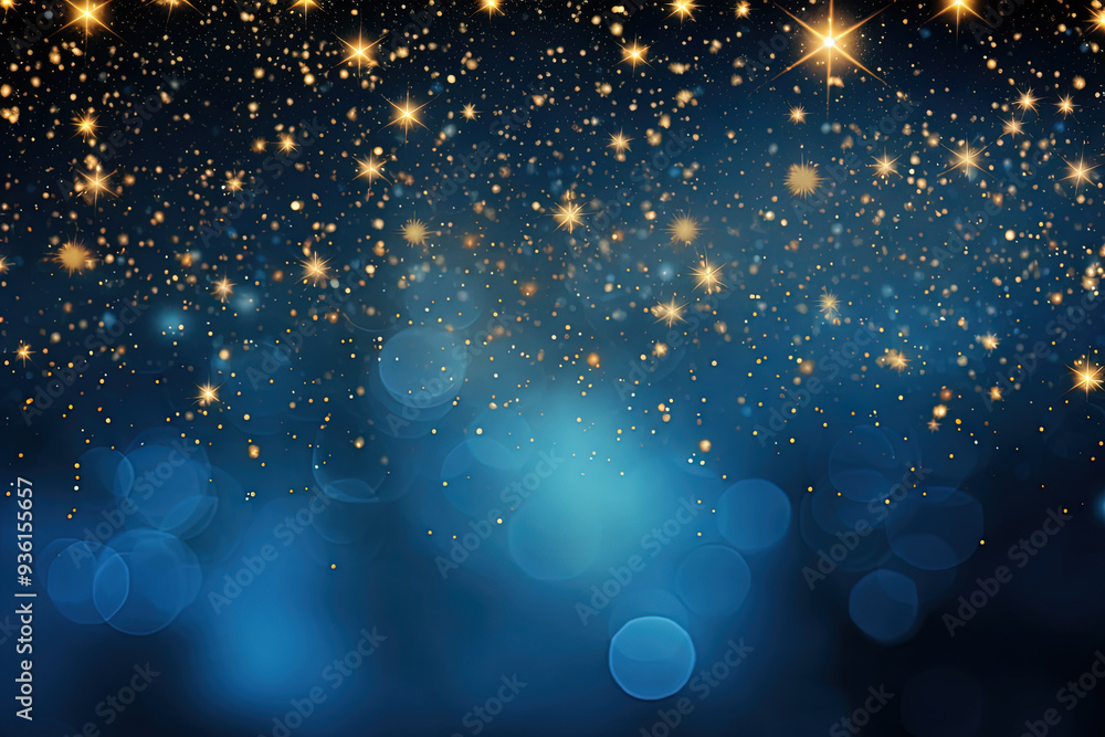 Poster blue background with silver and gold snowflake particles and blurred bokeh sparkles