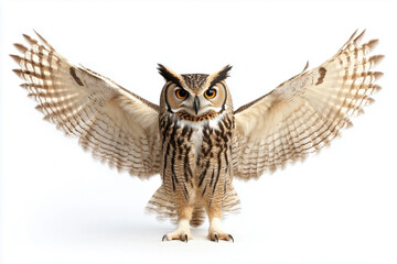 Obraz premium Owl with wings wide open, isolated on a white surface
