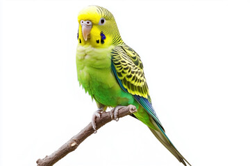 On a solitary white background, a parakeet perched on a branch