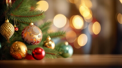 Christmas Tree with Red and Gold Ornaments – Warm Holiday Bokeh Background 