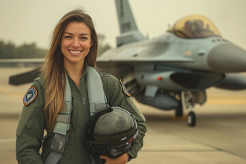 The female pilot in the air force is in front of the jet.