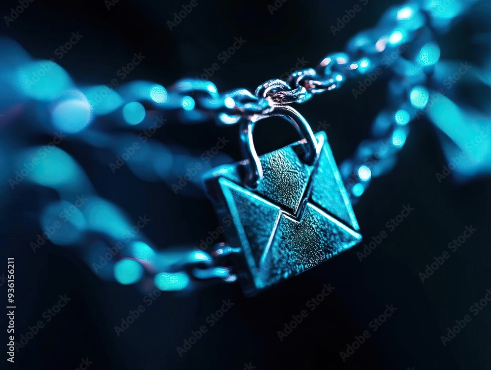 Poster a close-up of a padlock shaped like an envelope, representing email security and digital protection 