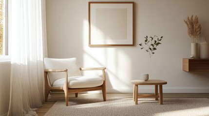 A bright, minimalist living room featuring a cozy wooden chair, small table with a plant, and warm natural sunlight...