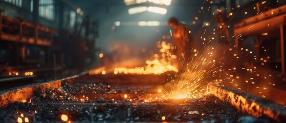 Metalworker in a foundry, molten silver glowing intensely, precise movements highlighted by bright light, midlevel perspective, workshop setting