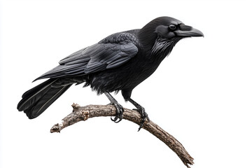 Fototapeta premium Raven perched on a branch isolated on white background