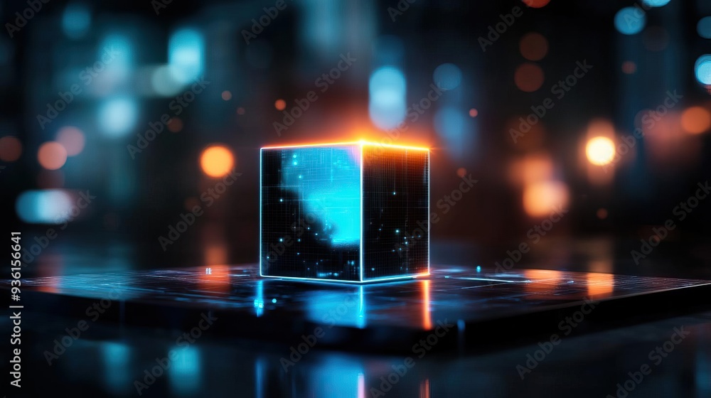 Poster a glowing cube surrounded by vibrant lights, creating a futuristic and abstract atmosphere perfect f