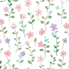 Seamless, Floral pattern, Hand-drawn flowers, Pastel colors, Minimalist design, Cute flowers, Soft colors, Simple drawing, White background, Negative space, Decorative design, Vector pattern