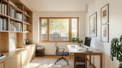 Fototapeta premium Modern Home Office with Wooden Furniture and Natural Light