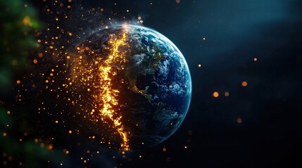 Fototapeta premium A stunning visual of Earth fracturing with fiery particles, symbolizing transformation and environmental change.