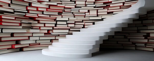 A creative stairway surrounded by stacked books, symbolizing knowledge and learning in a modern space.