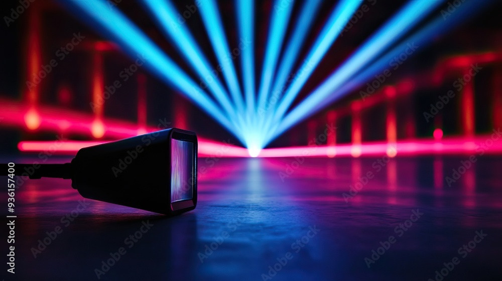 Poster a vibrant display of colored lights creating dynamic patterns in a dark setting, perfect for events 